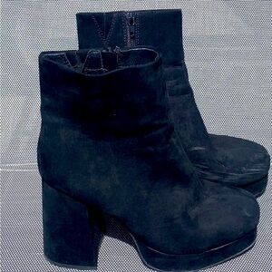 Black suede high heel booties, size 6.5